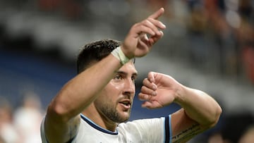 Aug 5, 2022; Vancouver, British Columbia, CAN;  Vancouver Whitecaps FC forward Lucas Cavallini (9) celebrates his goal against the Houston Dynamo during the second half at BC Place. Mandatory Credit: Anne-Marie Sorvin-USA TODAY Sports