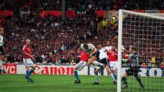 LONDON - JUNE 30: Oliver Bierhoff of Germany scores the equalising goal with a header during the UEFA European Championships 1996 Final between Germany and the Czech Republic held on June 30, 1996 at Wembley, in London. Germany won the match and final 2-1 after extra-time and on the Golden Goal rule. (Photo by Stu Forster/Getty Images)