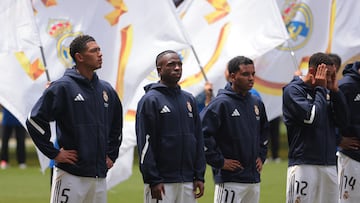Soccer Football - FIFA Club World Cup - Group H - Real Madrid v Al Hilal - Hard Rock Stadium, Miami Gardens, Florida, U.S. - June 18, 2025 Real Madrid's Jude Bellingham, Real Madrid's Vinicius Junior, Real Madrid's Rodrygo and Real Madrid's Trent Alexander-Arnold line up before the match IMAGN IMAGES via Reuters/Sam Navarro