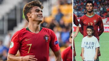 A la izquieda, Joao Filipe "Jota" en el Europeo Sub-19 de 2018; a la izquierda, en 207 con Cristiano Ronaldo en un partido de clasificación para la Eurocopa de Austria y Suiza.