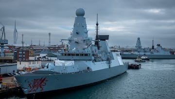 PORTSMOUTH, UNITED KINGDOM - OCTOBER 28: Tyoe 45 destroyer HMS Dragon is moored in the Royal Navy Dockyard on October 28, 2024 in Portsmouth, England. (Photo by Matt Cardy/Getty Images)