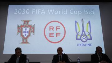 Soccer Football - 2030 World Cup bid - Portugal, Spain and Ukraine Press Conference - UEFA headquarters, Nyon, Switzerland - October 5, 2022 Portuguese Football Federation president Fernando Gomes, Spanish football Federation president Luis Rubiales and Ukrainian Association of Football president Andriy Pavelko during the press conference REUTERS/Denis Balibouse