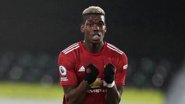 LONDON, ENGLAND - JANUARY 20: Paul Pogba of Manchester United celebrates his side&#039;s victory after the Premier League match between Fulham and Manchester United at Craven Cottage on January 20, 2021 in London, England. Sporting stadiums around the UK 