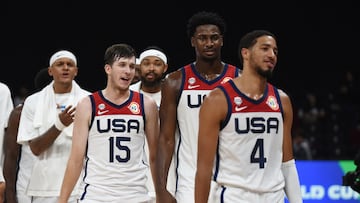 Basketball - FIBA World Cup 2023 - Second Round - Group J - United States v Montenegro - Mall of Asia Arena, Manila, Philippines - September 1, 2023 Austin Reaves of the U.S. and Tyrese Haliburton of the U.S. react REUTERS/Lisa Marie David