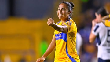 Sandra Stephany Mayor celebrates her goal 2-1 of Tigres during the second leg of the Campeon de Campeonas Liga BBVA MX Femenil match between Monterrey vs Tigres UANL at Universitario Stadium, on July 01, 2024 in Monterrey, Nuevo Leon, Mexico.