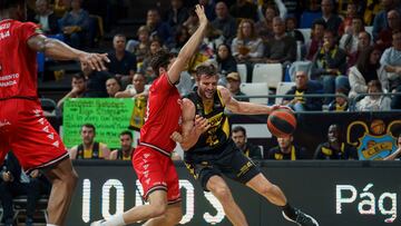 El ala-pívot del Lenovo Tenerife, Aaron Doornekamp (d) ante el escolta del Covirán Granada, Germán Martínez durante el partido de baloncesto la Liga Endesa celebrado este sábado en el pabellón Santiago Martín de La Laguna (Tenerife).