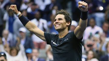 NEW YORK, NY - SEPTEMBER 10: Rafael Nadal of Spain celebrates defeating Kevin Anderson of South Africa in their Men&#039;s Singles Finals match on Day Fourteen of the 2017 US Open at the USTA Billie Jean King National Tennis Center on September 10, 2017 in the Flushing neighborhood of the Queens borough of New York City. Rafael Nadal defeated Kevin Anderson in the third set with a score of 6-3, 6-3, 6-4.   Clive Brunskill/Getty Images/AFP
 == FOR NEWSPAPERS, INTERNET, TELCOS &amp; TELEVISION USE ONLY ==