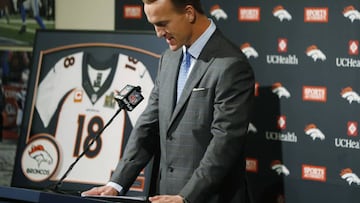 Peyton Manning at his farewell press conference. 