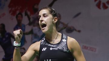 Jakarta (Indonesia), 26/01/2023.- Carolina Marin of Spain reacts during her women's singles match against Busanan Ongbamrungphan of Thailand at the Daihatsu Indonesia Masters 2023 Badminton Tournament in Jakarta, Indonesia, 26 January 2023. (España, Tailandia, Estados Unidos) EFE/EPA/ADI WEDA
