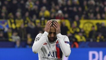PSG&#039;s Neymar reacts during the Champions League round of 16 first leg soccer match between Borussia Dortmund and Paris Saint Germain in Dortmund, Germany, Tuesday, Feb. 18, 2020. (AP Photo/Martin Meissner)