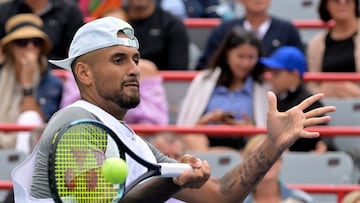 Aug 12, 2022; Montreal, QC, Canada; Nick Kyrgios (AUS) hits a forehand against Hubert Hurkacz (POL) (not pictured) in quarterfinal play in the National Bank Open at IGA Stadium. Mandatory Credit: Eric Bolte-USA TODAY Sports