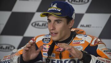 LE MANS, FRANCE - MAY 20: Marc Marquez of Spain and Repsol Honda Team speaks during the press conference at the end of the MotoGP race during the MotoGp of France - Race on May 20, 2018 in Le Mans, France. (Photo by Mirco Lazzari gp/Getty Images)