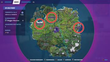 En esta imagen de ejemplo, hay platillos volantes en Costa Creyente, Muelles Mugrientos y Parque Placentero. Sus nombres son de color morado