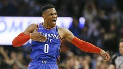 Mar 13, 2019; Oklahoma City, OK, USA; Oklahoma City Thunder guard Russell Westbrook (0) celebrates after scoring against the Brooklyn Nets during the second half at Chesapeake Energy Arena. Mandatory Credit: Alonzo Adams-USA TODAY Sports