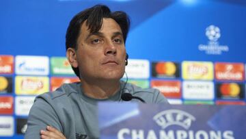 SEVILLE, SPAIN - APRIL 02: Head Coach of Sevilla FC Vincenzo Montella attends to the press during the Press Conference prior to their UEFA Champions League match against Bayern Munich at t Estadio Ramon Sanchez Pizjuan on April 2, 2018 in Seville, Spain.