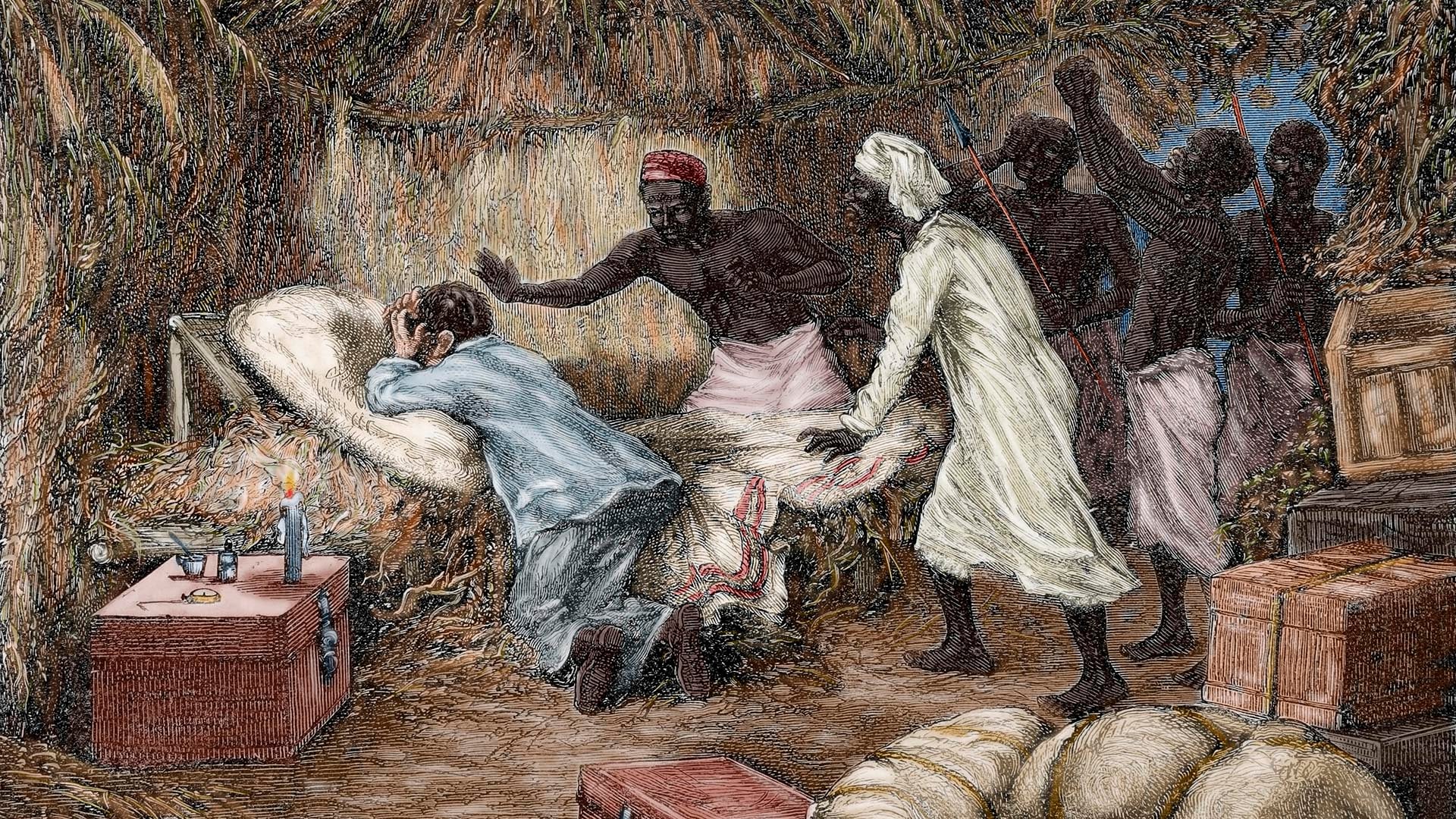 El mítico explorador escocés David Livingstone murió en la aldea del jefe Chitambo en 1873 de malaria.
Grabado de Riov publicado en The Illustrated World en 1882. Coloreado.