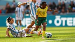 Soccer Football - FIFA Women’s World Cup Australia and New Zealand 2023 - Group G - Argentina v South Africa - Forsyth Barr Stadium, Dunedin, New Zealand - July 28, 2023 South Africa's Thembi Kgatlana in action with Argentina's Eliana Stabile REUTERS/Molly Darlington