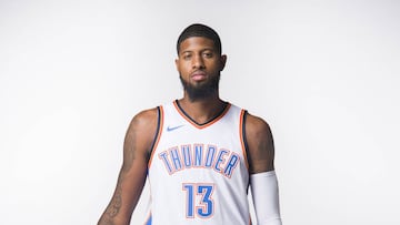 OKLAHOMA CITY, OK - SEPTEMBER 25: Paul George #13 of the Oklahoma City Thunder poses for a photo during media day at Chesapeake Energy Arena on September 25, 2017 in Oklahoma City, Oklahoma. NOTE TO USER: User expressly acknowledges and agrees that, by downloading and/or using this photograph, user is consenting to the terms and conditions of the Getty Images License Agreement.   Cooper Neill/Getty Images/AFP
 == FOR NEWSPAPERS, INTERNET, TELCOS &amp; TELEVISION USE ONLY ==