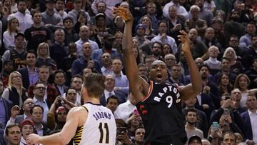 Feb 5, 2020; Toronto, Ontario, CAN; Toronto Raptors forward Serge Ibaka (9) reacts after scoring a three point basket to win the game against the Indiana Pacers at Scotiabank Arena. Toronto defeated Indiana. Mandatory Credit: John E. Sokolowski-USA TODAY Sports