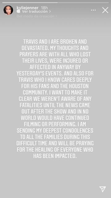 Kylie Jenner rompe el silencio para defender a Travis Scott tras lo sucedido en el Festival Astroworld, donde al menos ocho personas murieron.