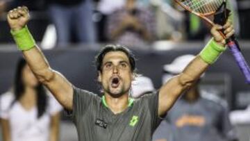 El tenista español David Ferrer celebra tras ganarle al brasileño Thomaz Belluci hoy, viernes 21 de febrero de 2014, durante un partido en el Torneo de Río de Janeiro (Brasil). Ferrer ganó con parciales 4-6, 6-3 y 6-3, y pasa a semifinales.