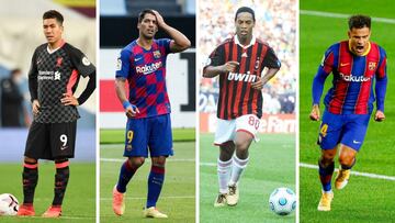 De izquierda a derecha, Firmino, Luis Suárez, Ronaldinho y Coutinho.