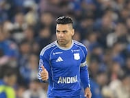 Millonarios' forward #09 Radamel Falcao gestures during the Copa Sudamericana group stage football match between Colombia's Millonarios and Uruguay's Boston River at the Nemesio Camacho El Campin Stadium in Bogota on April 15, 2026. (Photo by Raul ARBOLEDA / AFP)