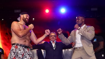 Boxing - Tyson Fury & Francis Ngannou Press Conference - HERE at Outernet, London, Britain - September 7, 2023 Tyson Fury and Francis Ngannou face off during the press conference Action Images via Reuters/Andrew Boyers     TPX IMAGES OF THE DAY