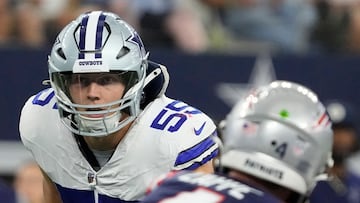 ARLINGTON, TEXAS - OCTOBER 01: Leighton Vander Esch #55 of the Dallas Cowboys looks on during the third quarter against the New England Patriots at AT&T Stadium on October 01, 2023 in Arlington, Texas.   Sam Hodde/Getty Images/AFP (Photo by Sam Hodde / GETTY IMAGES NORTH AMERICA / Getty Images via AFP)