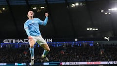 MANCHESTER, ENGLAND - MARCH 18: Manchester City's Erling Haaland celebrates scoring the opening goal during the Emirates FA Cup Quarter-Final match between Manchester City and Burnley at Etihad Stadium on March 18, 2023 in Manchester, England. (Photo by Alex Dodd - CameraSport via Getty Images)