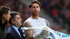 Sergio Ramos tras recibir el golpe en el Wanda Metropolitano.