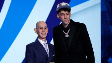 NEW YORK, NEW YORK - JUNE 23: NBA commissioner Adam Silver (L) and Chet Holmgren pose for photos after Holmgren was drafted with the 2nd overall pick by the Oklahoma City Thunder during the 2022 NBA Draft at Barclays Center on June 23, 2022 in New York City. NOTE TO USER: User expressly acknowledges and agrees that, by downloading and or using this photograph, User is consenting to the terms and conditions of the Getty Images License Agreement. (Photo by Sarah Stier/Getty Images)