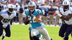 Aug 19, 2017; Nashville, TN, USA; Carolina Panthers running back Christian McCaffrey (22) runs for a touchdown during the first half against the Tennessee Titans at Nissan Stadium. Mandatory Credit: Christopher Hanewinckel-USA TODAY Sports