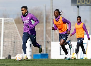 Rodrygo Goes and Eduardo Camavinga of Real Madrid during a training session at Valdebebas training ground on February 28, 2023 in Madrid, Spain. 