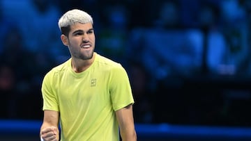 Turin (Italy), 16/11/2025.- Carlos Alcaraz of Spain reacts during the men's singles final match against Jannik Sinner of Italy at the ATP Finals in Turin, Italy, 16 November 2025. (Tenis, Italia, España) EFE/EPA/ALESSANDRO DI MARCO