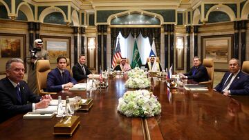 U.S. Secretary of State Marco Rubio meets with Saudi Foreign Minister Prince Faisal bin Farhan Al Saud, Saudi National Security Advisor Mosaad bin Mohammad Al-Aiban, U.S. National Security Advisor Mike Waltz, U.S. Middle East envoy Steve Witkoff, Russian Foreign Minister Sergei Lavrov and Russian President Vladimir Putin's foreign policy advisor Yuri Ushakov, at Diriyah Palace, in Riyadh, Saudi Arabia, February 18, 2025. REUTERS/Evelyn Hockstein/Pool