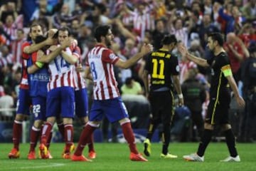 El 9 de abril de 2014, partido de vuelta de los cuartos de final de la Champions League en el Calderón, la ida acabó con empate a uno. En la imagen, los jugadores rojiblancos celebran el pase a las semifinales tras ganar por 1-0.