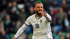 Belfast , United Kingdom - 24 September 2022; Vedat Muriqi of Kosovo celebrates after scoring his side's first goal during the UEFA Nations League C Group 2 match between Northern Ireland and Kosovo at National Stadium at Windsor Park in Belfast. (Photo By Ramsey Cardy/Sportsfile via Getty Images)