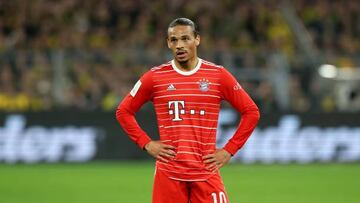 DORTMUND, GERMANY - OCTOBER 08: Leroy Sane of Bayern München looks on during the Bundesliga match between Borussia Dortmund and FC Bayern München at Signal Iduna Park on October 08, 2022 in Dortmund, Germany. (Photo by Alexander Hassenstein/Getty Images)