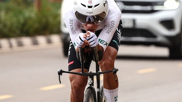 Mexican rider Isaac del Torro Romero men's Elite Individual Time Trial cycling event during the UCI 2025 Road World Championships, in Kigali, on September 21, 2025. (Photo by Anne-Christine POUJOULAT / AFP)