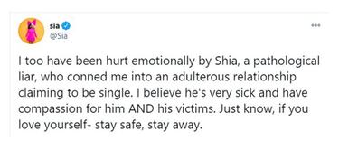 Sia se suma a las acusaciones contra LaBeouf y pide a las mujeres que se alejen de él