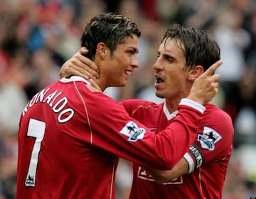 Cristiano Ronaldo of Manchester United celebrates with Gary Neville at Old Trafford on 1 October 2006.