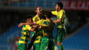 Jugadores de Defensa y Justicia celebrando un gol en el triunfo sobre Am&eacute;rica de Cali en el Pascual Guerrero por la primera fase de la Copa Sudamericana