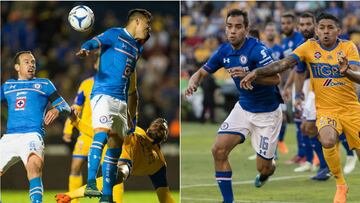 Jugadores de Tigres y Cruz Azul diputando el balón, en el Apertura 2015 y el Clausura 2018.
