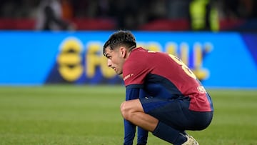 Barcelona's Spanish midfielder #08 Pedri looks deflected at the end of the Spanish league football match between FC Barcelona and Club Deportivo Leganes SAD at the Estadi Olimpic Lluis Companys in Barcelona on December 15, 2024. Leganes won 0-1. (Photo by Josep LAGO / AFP)