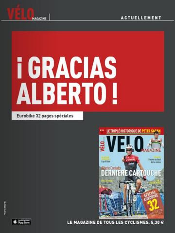 Publicidad de Vélo Magazine de su número de octubre con la frase "¡Gracias Alberto!" como homenaje a Alberto Contador.