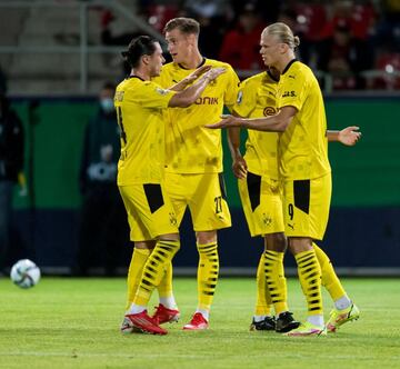 Erling Haaland of Dortmund celebrates the second goal for his team during the DFB Cup first round match between SV Wehen Wiesbaden and Borussia Dortmund