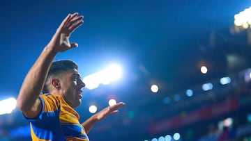 Juan Brunetta celebrates his goal 1-0 of Tigres during the semi-finals second leg match between Tigres UANL and Cruz Azul, as part of the Liga BBVA MX, Torneo Apertura 2025 at Universitario Stadium, on December 06, 2025 in Monterrey, Nuevo Leon, Mexico.