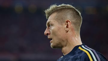 Real Madrid's German midfielder #08 Toni Kroos reacts during the UEFA Champions League semi-final first leg football match between FC Bayern Munich and Real Madrid CF on April 30, 2024 in Munich, southern Germany. (Photo by Michaela STACHE / AFP)