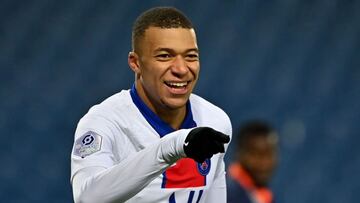 Paris Saint-Germain&#039;s French forward Kylian Mbappe (L) celebrates after scoring a goal during the French L1 football match between Montpellier Herault (MHSC) and Paris Saint Germain (PSG) at the Mosson Stadium in Montpellier, southern France, on Dece